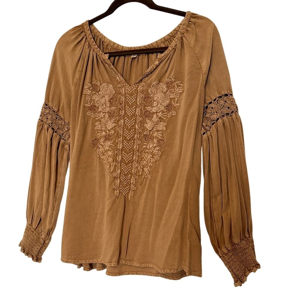 Solitaire Boho Peasant Blouse Crochet Brown Size M